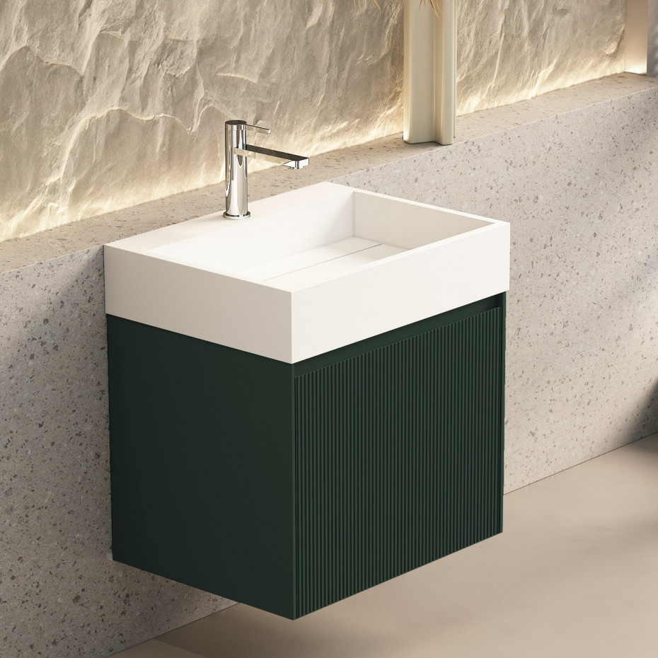 Tuscany Fluted Green Vanity With Inner Drawer and Stone Resin Basin - 600mm