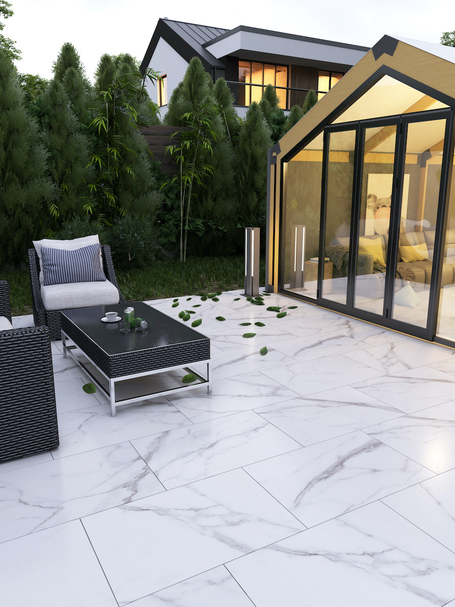 Carrera Marble Effect Outdoor Porcelain Slabs - 900x600x20mm