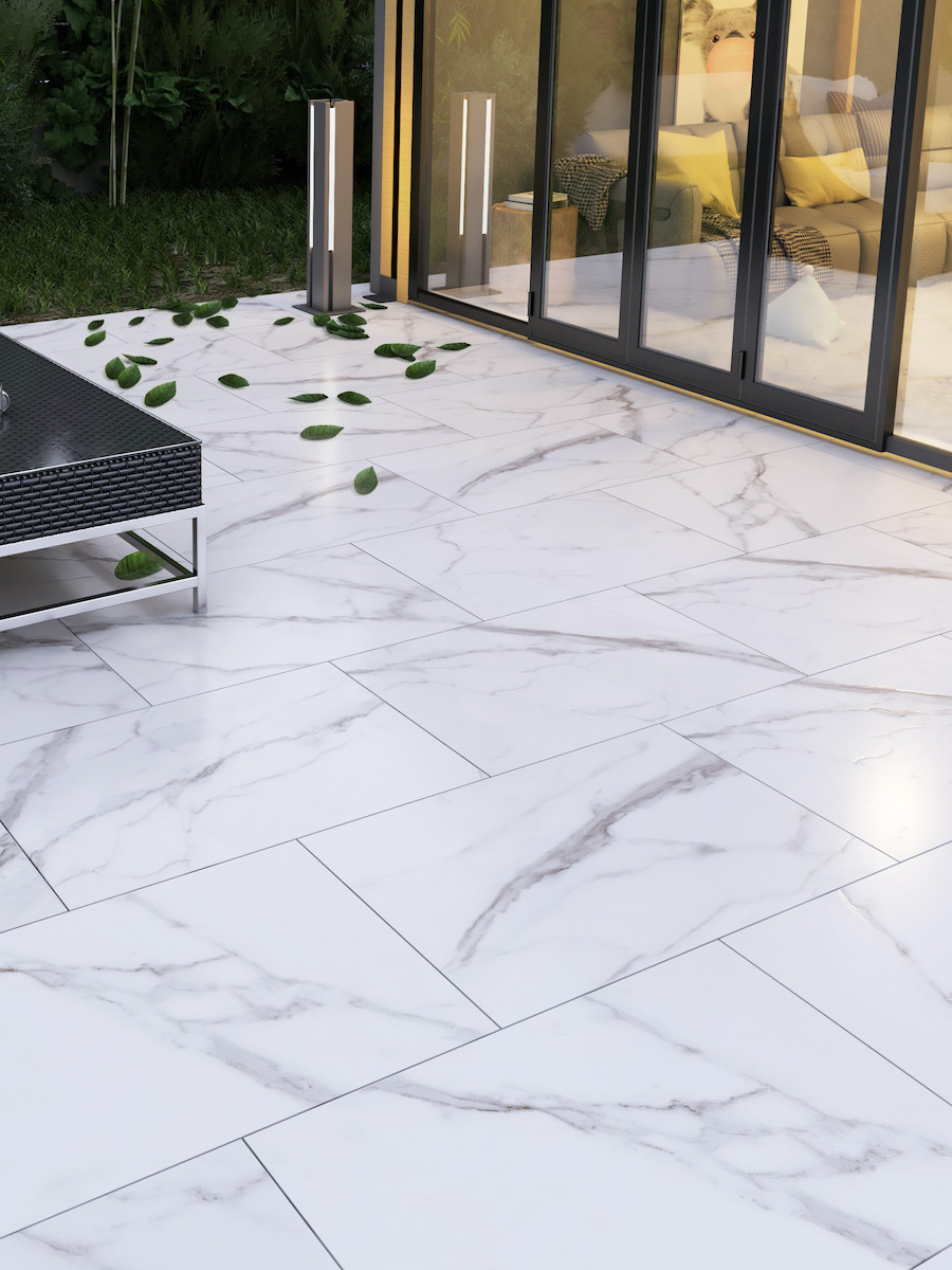 Carrera Marble Effect Outdoor Porcelain Slabs - 900x600x20mm