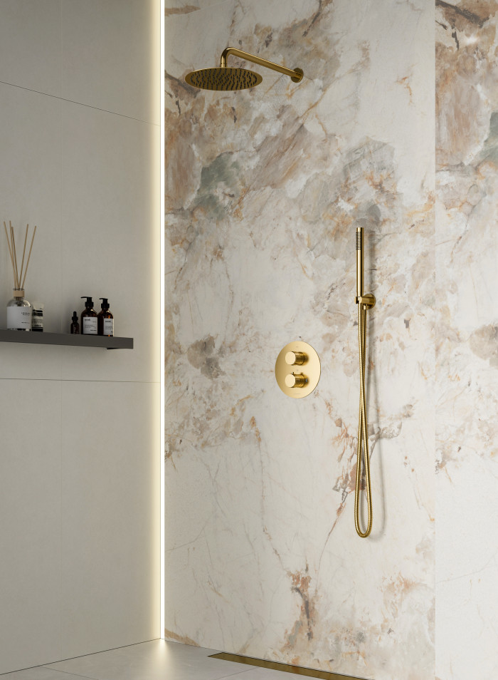 Amalfi Brush Gold Thermostatic Shower with Hand Held Shower Head