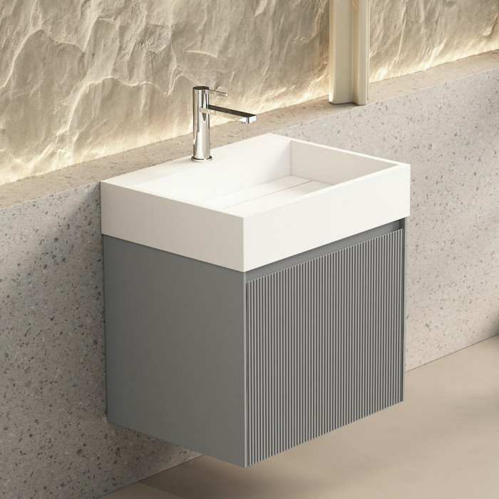 Tuscany Fluted Grey Vanity With Inner Drawer and Stone Resin Basin - 600mm