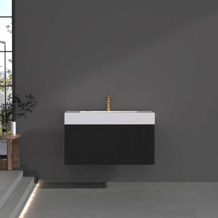 London Matt Black Fluted Bathroom Vanity WIth Stone Basin - 800mm | 900mm
